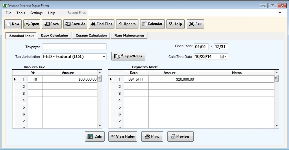 Instant Interest Standard Input panel